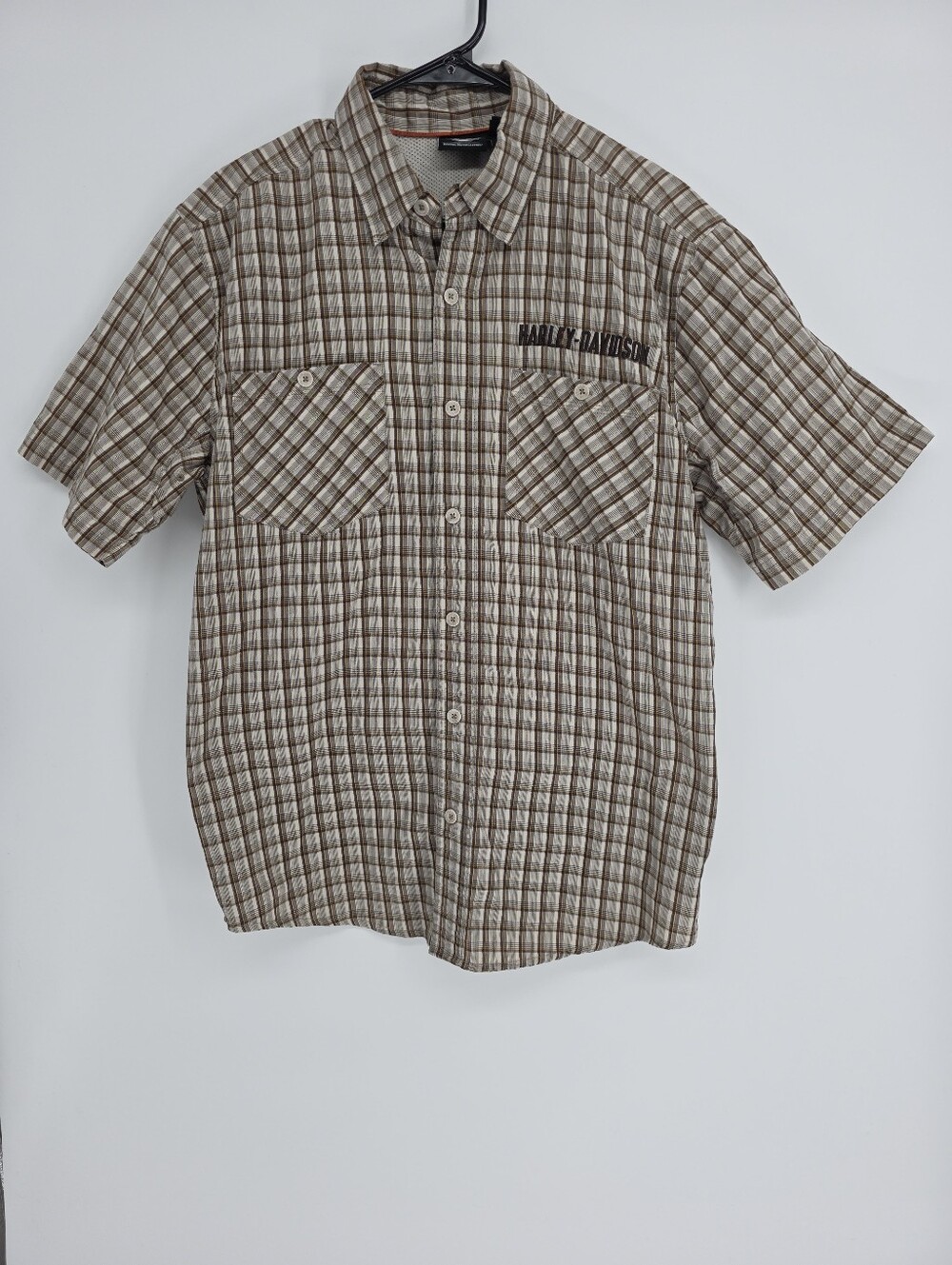 Mens Harley Davidson Plaid Button Front Plaid Short Sleeved Shirt Vinted Brown M